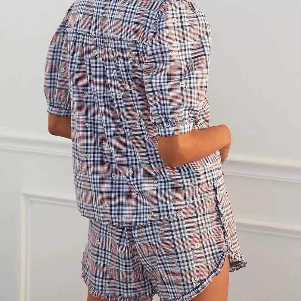 Anthropologie-Embroidered Plaid Pajama Set - Picture 2 of 4